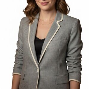 Theory 98% Wool Chic Grey Blazer with Cream Contrast Piping & White Button Sz 10